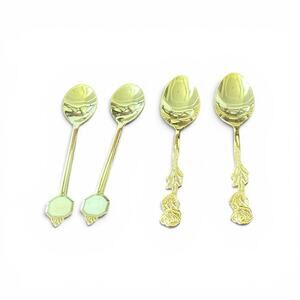 Lot of 4 Demitasse Spoons 4 3/8" Gold Plated Rose Handle Stainless Steel Japan